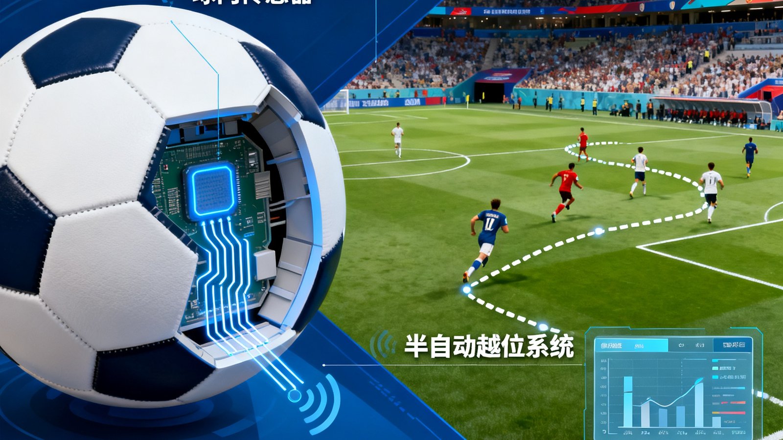 2026世界杯VAR技术升级，半自动越位系统与球内传感器示意图