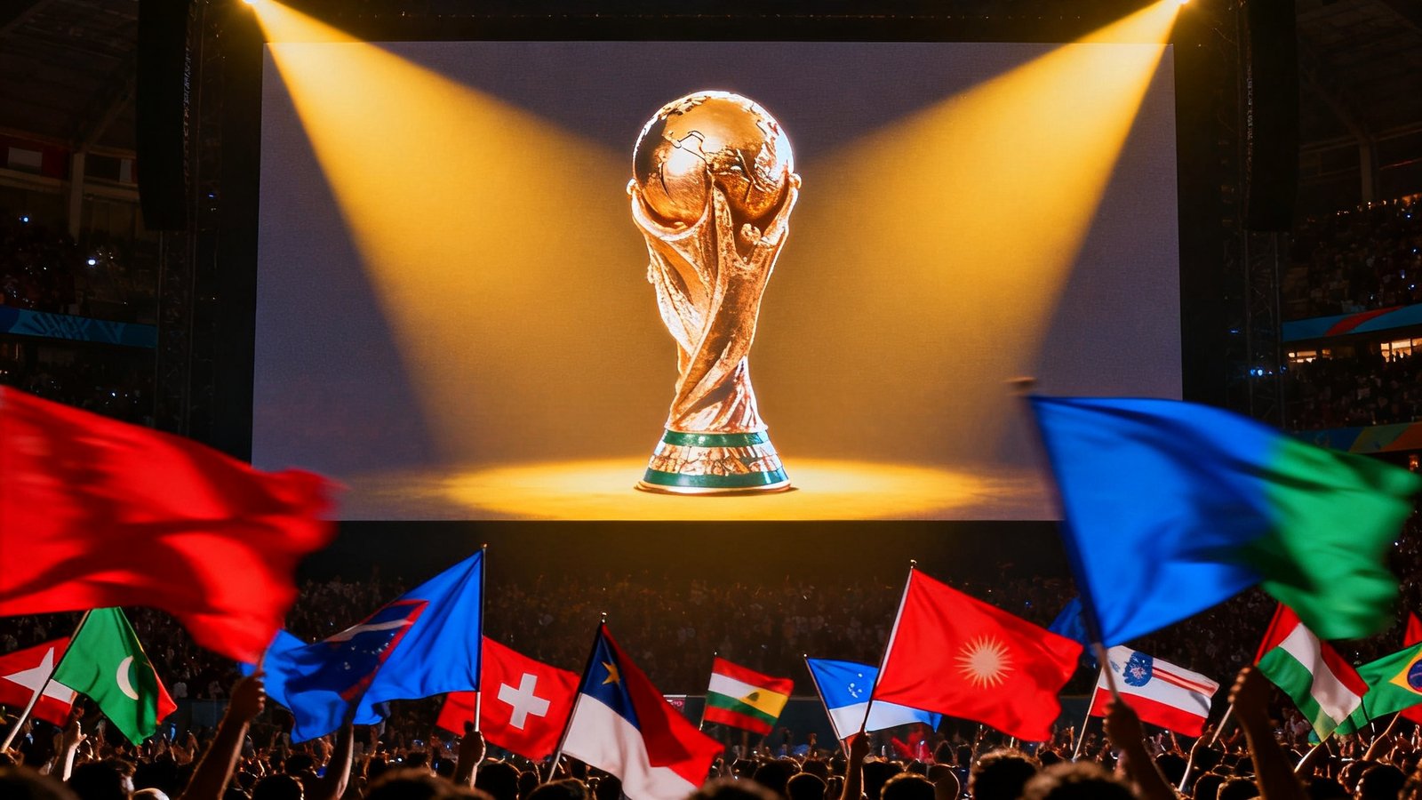 2026世界杯直播现场氛围，灯光熄灭，巨型屏幕显示世界杯金杯，球迷挥舞旗帜